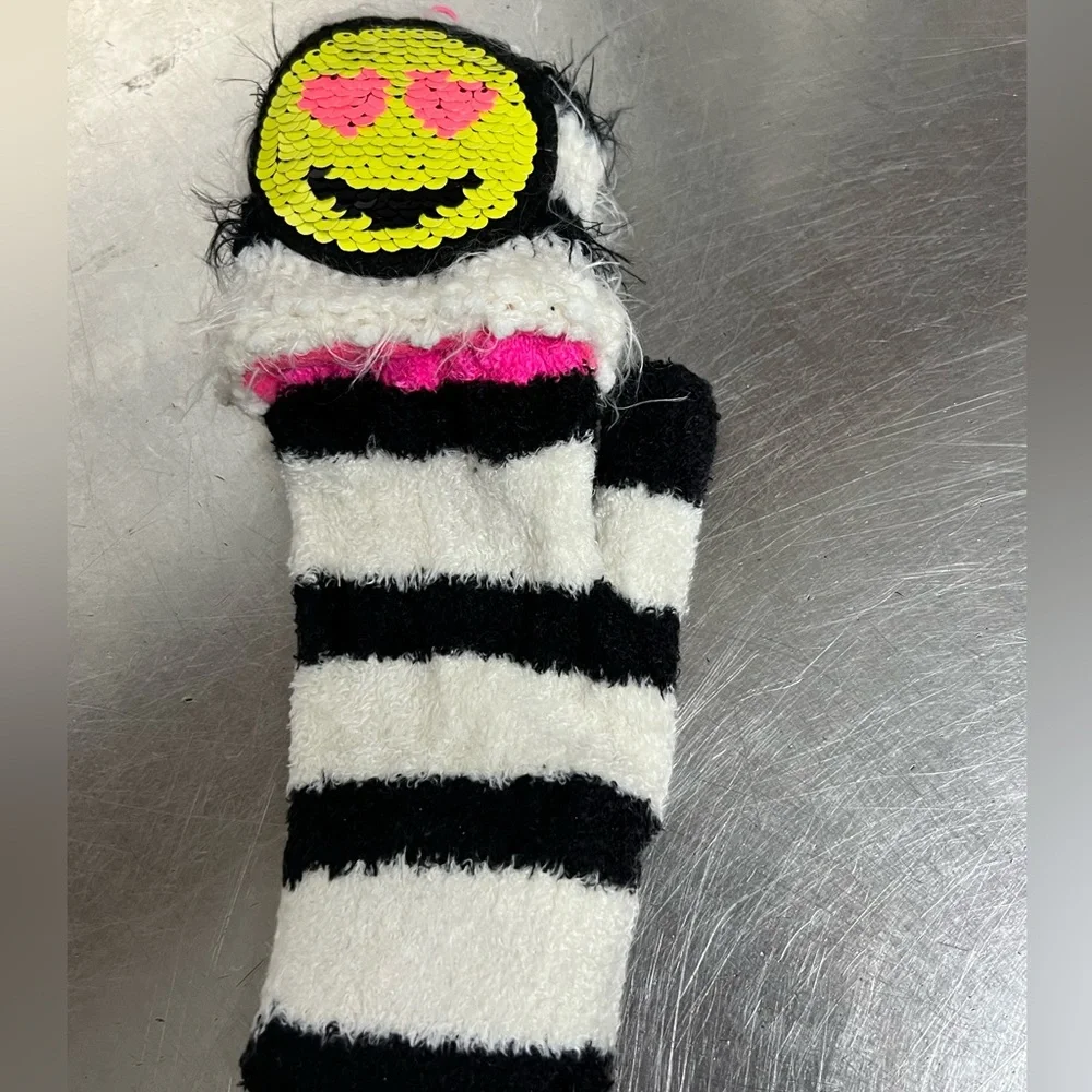 Lot of 2 Justice Orange Scarf & Black White Striped Emoji Mittens One Size VGUC